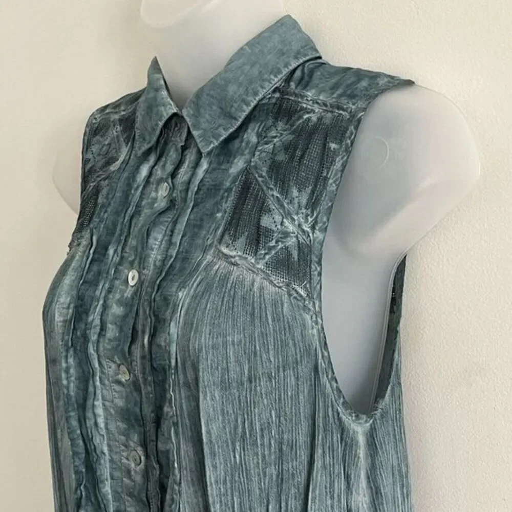 Free People Sleeveless Crinkle Cotton Tunic Top Size XS Teal Western Hippie Chic